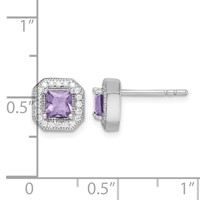 Sterling Silver Rhodium Plated Square Light Purple and Clear CZ Post Earrings view 4