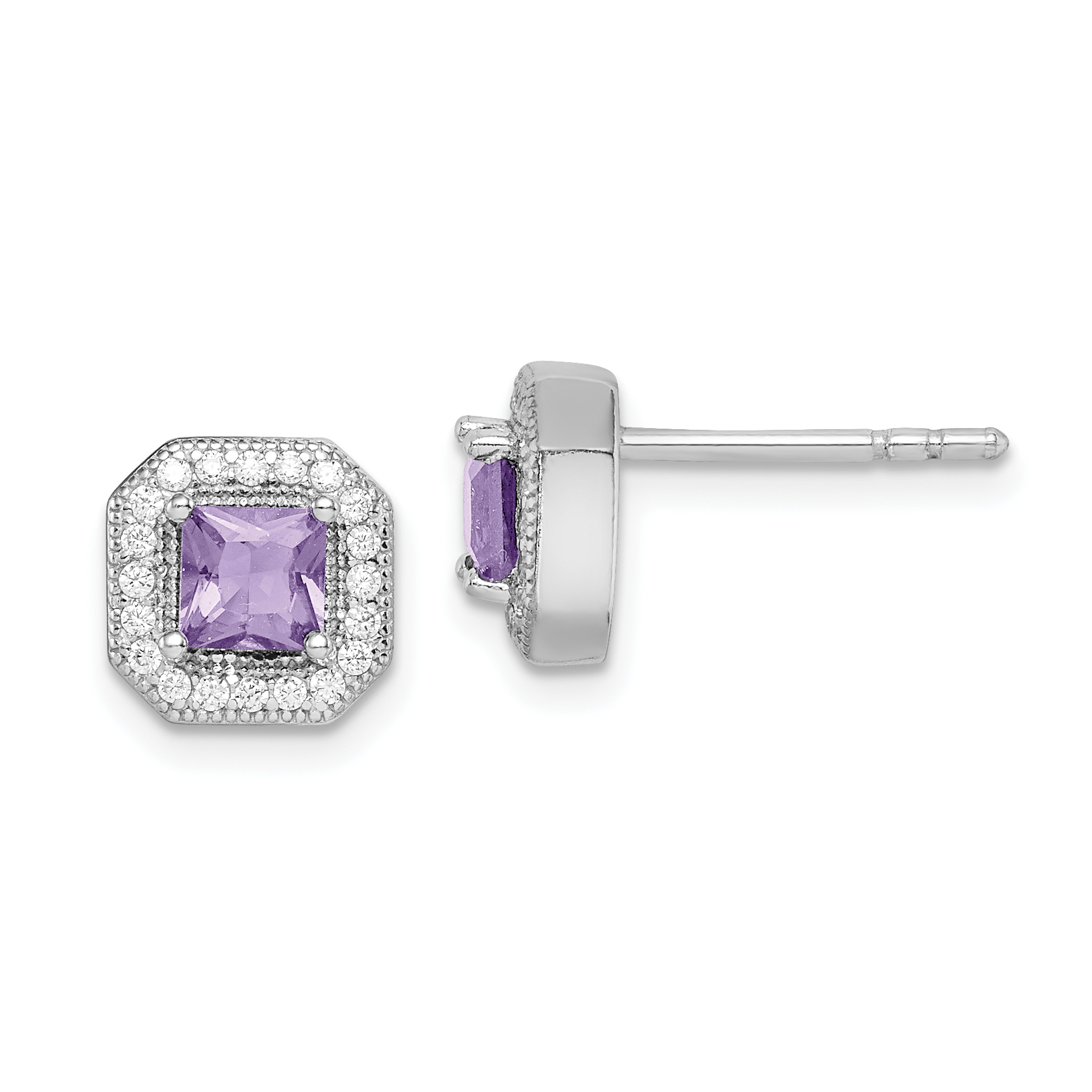 Sterling Silver Rhodium Plated Square Light Purple and Clear CZ Post Earrings (QE14470JUN)