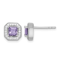 Sterling Silver Rhodium Plated Square Light Purple and Clear CZ Post Earrings view 1