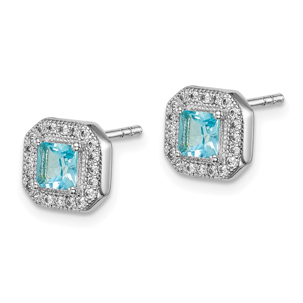 Sterling Silver Rhodium Plated Square Light Blue and Clear CZ Post Earrings (QE14470MAR)