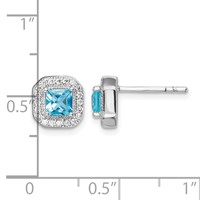 Sterling Silver Rhodium Plated Square Light Blue and Clear CZ Post Earrings view 4
