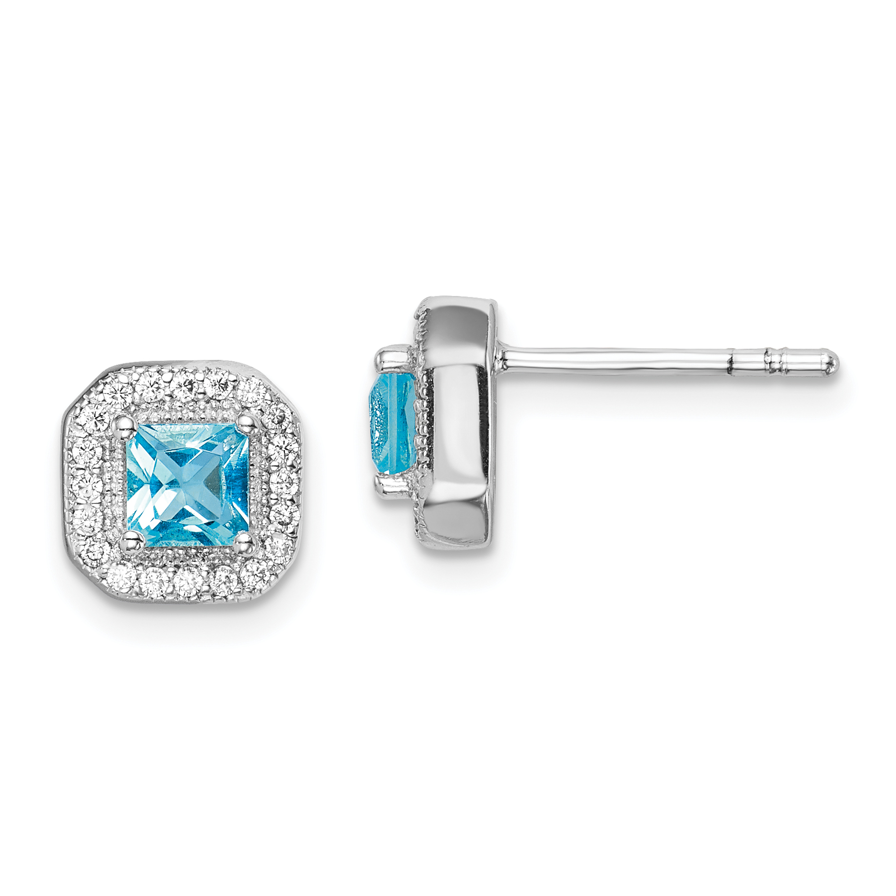 Sterling Silver Rhodium Plated Square Light Blue and Clear CZ Post Earrings (QE14470MAR)