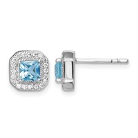 Sterling Silver Rhodium Plated Square Light Blue and Clear CZ Post Earrings view 1