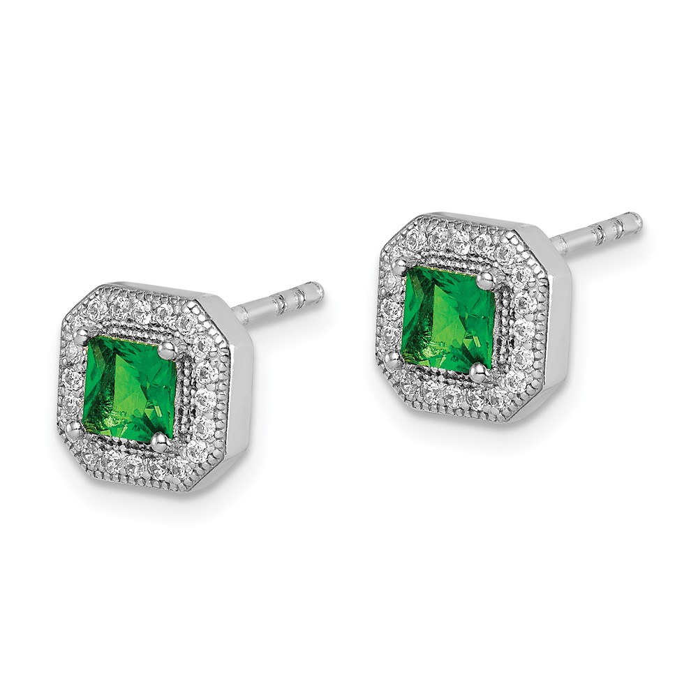 Sterling Silver Rhodium Plated Square Green and Clear CZ Post Earrings (QE14470MAY)