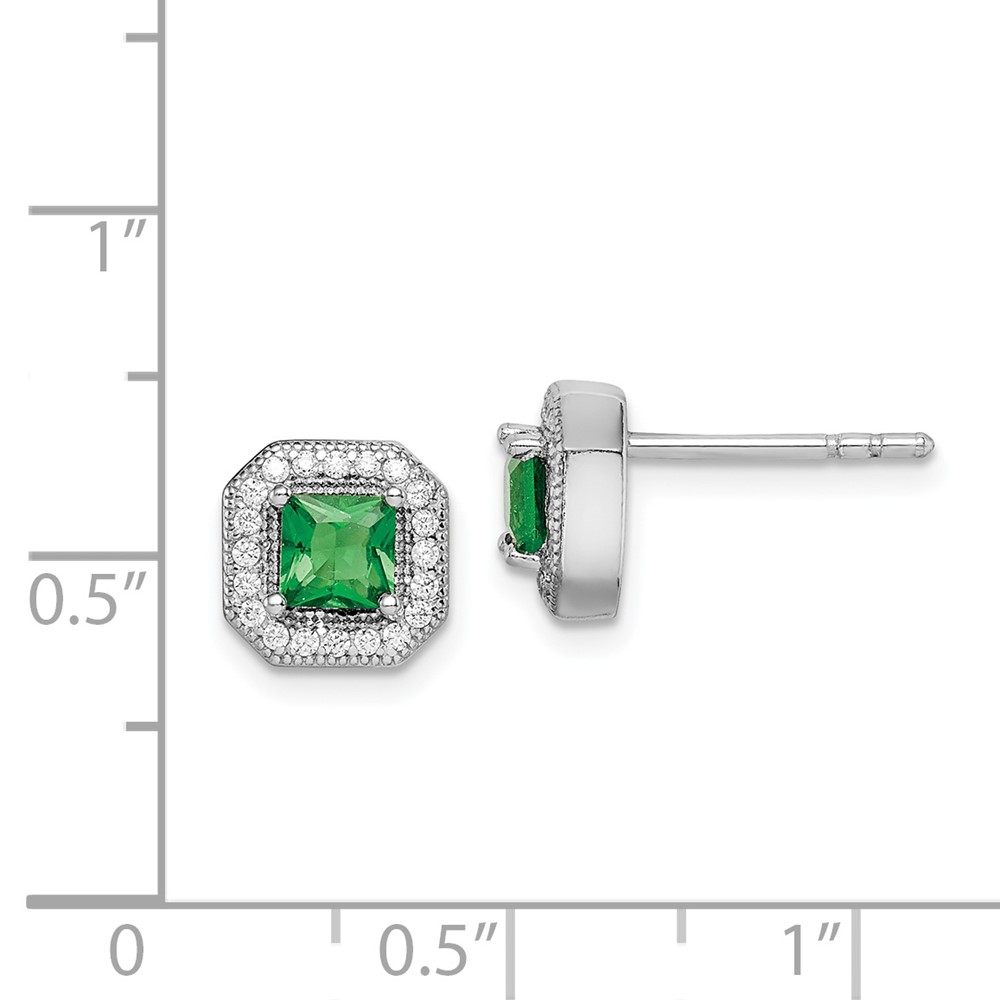 Sterling Silver Rhodium Plated Square Green and Clear CZ Post Earrings (QE14470MAY)