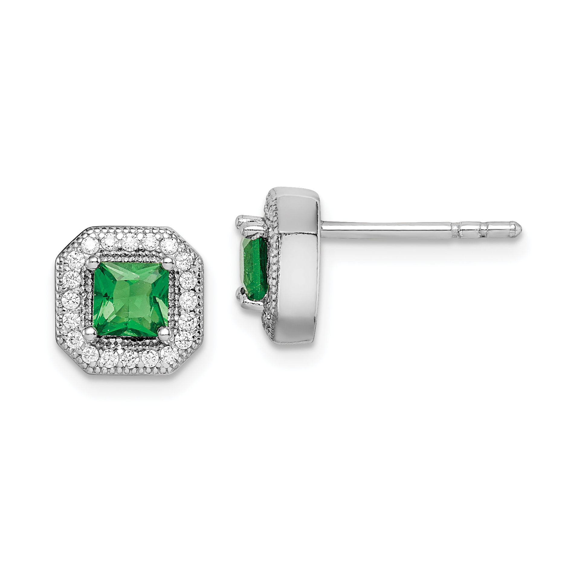 Sterling Silver Rhodium Plated Square Green and Clear CZ Post Earrings (QE14470MAY)