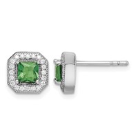 Sterling Silver Rhodium Plated Square Green and Clear CZ Post Earrings view 1