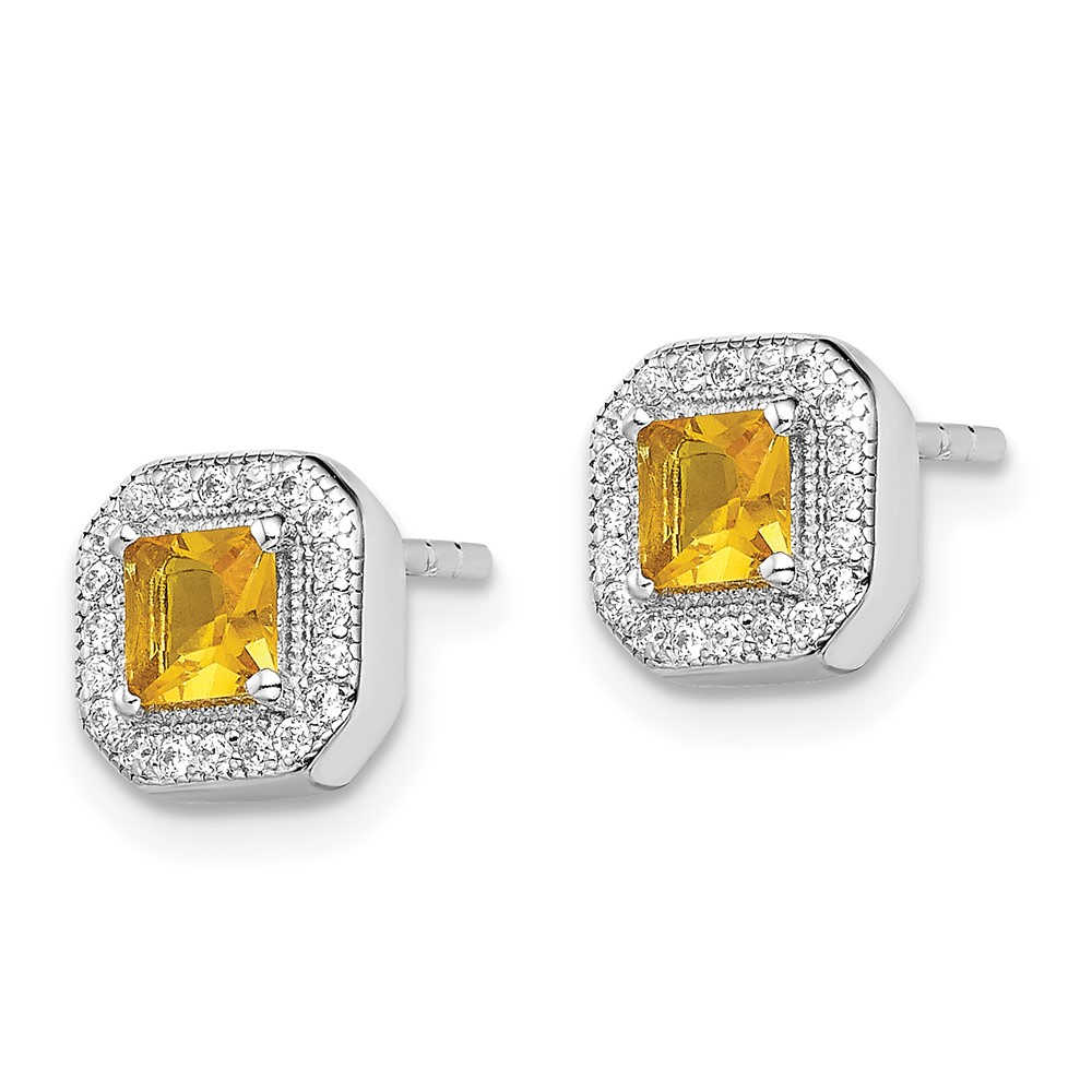 Sterling Silver Rhodium Plated Square Dark Yellow and Clear CZ Post Earrings (QE14470NOV)