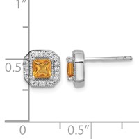 Sterling Silver Rhodium Plated Square Dark Yellow and Clear CZ Post Earrings view 4