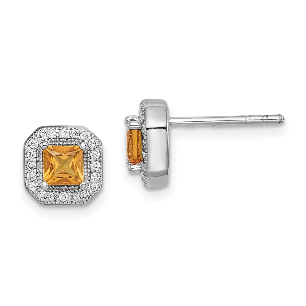 Sterling Silver Rhodium Plated Square Dark Yellow and Clear CZ Post Earrings (QE14470NOV)