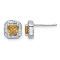 Sterling Silver Rhodium Plated Square Dark Yellow and Clear CZ Post Earrings view 1