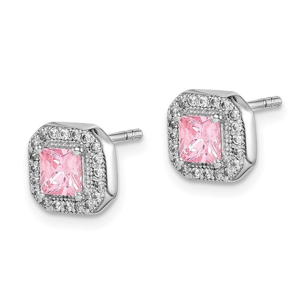 Sterling Silver Rhodium Plated Square Pink CZ and Clear CZ Post Earrings (QE14470OCT)