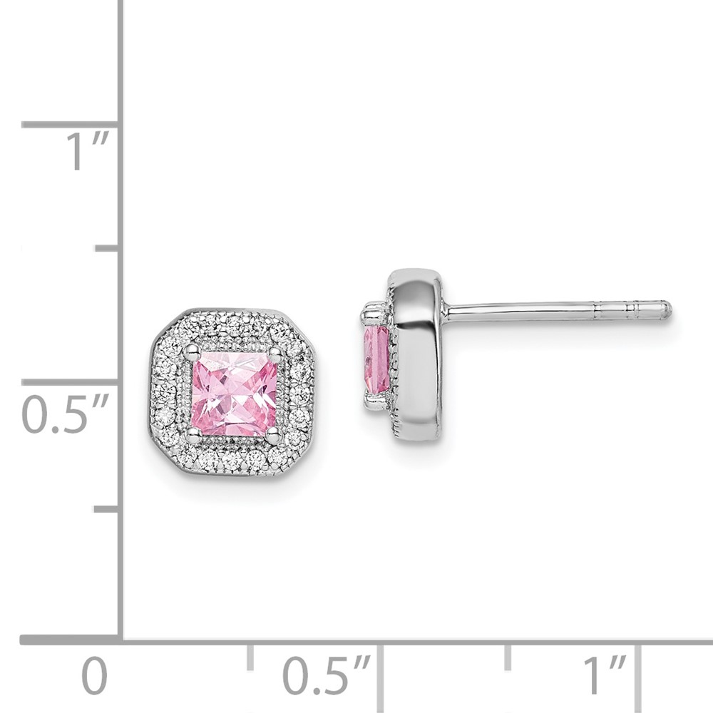 Sterling Silver Rhodium Plated Square Pink CZ and Clear CZ Post Earrings (QE14470OCT)