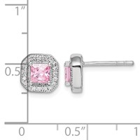 Sterling Silver Rhodium Plated Square Pink CZ and Clear CZ Post Earrings view 4
