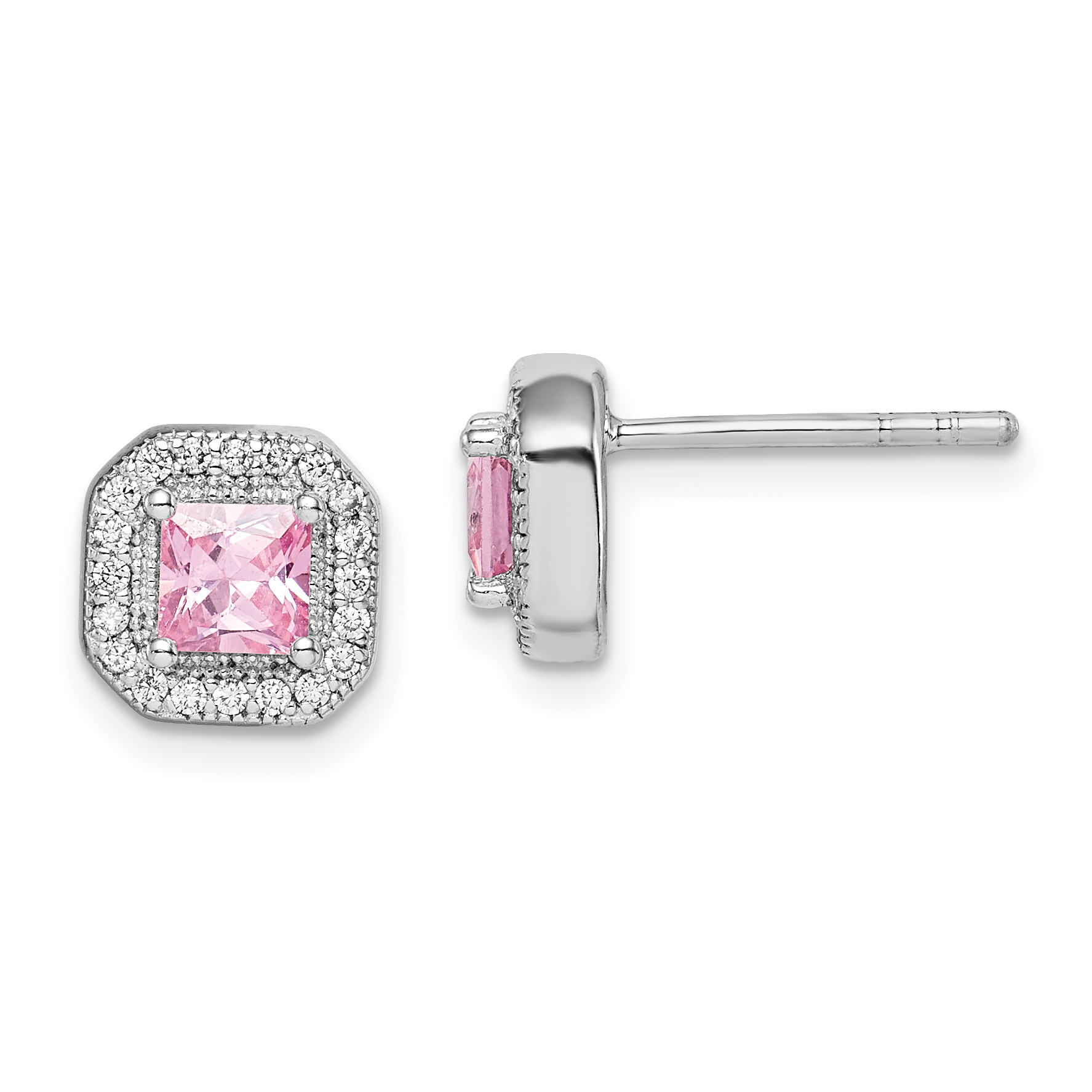Sterling Silver Rhodium Plated Square Pink CZ and Clear CZ Post Earrings (QE14470OCT)