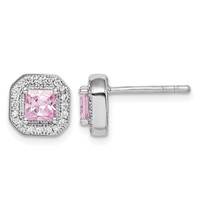 Sterling Silver Rhodium Plated Square Pink CZ and Clear CZ Post Earrings view 1