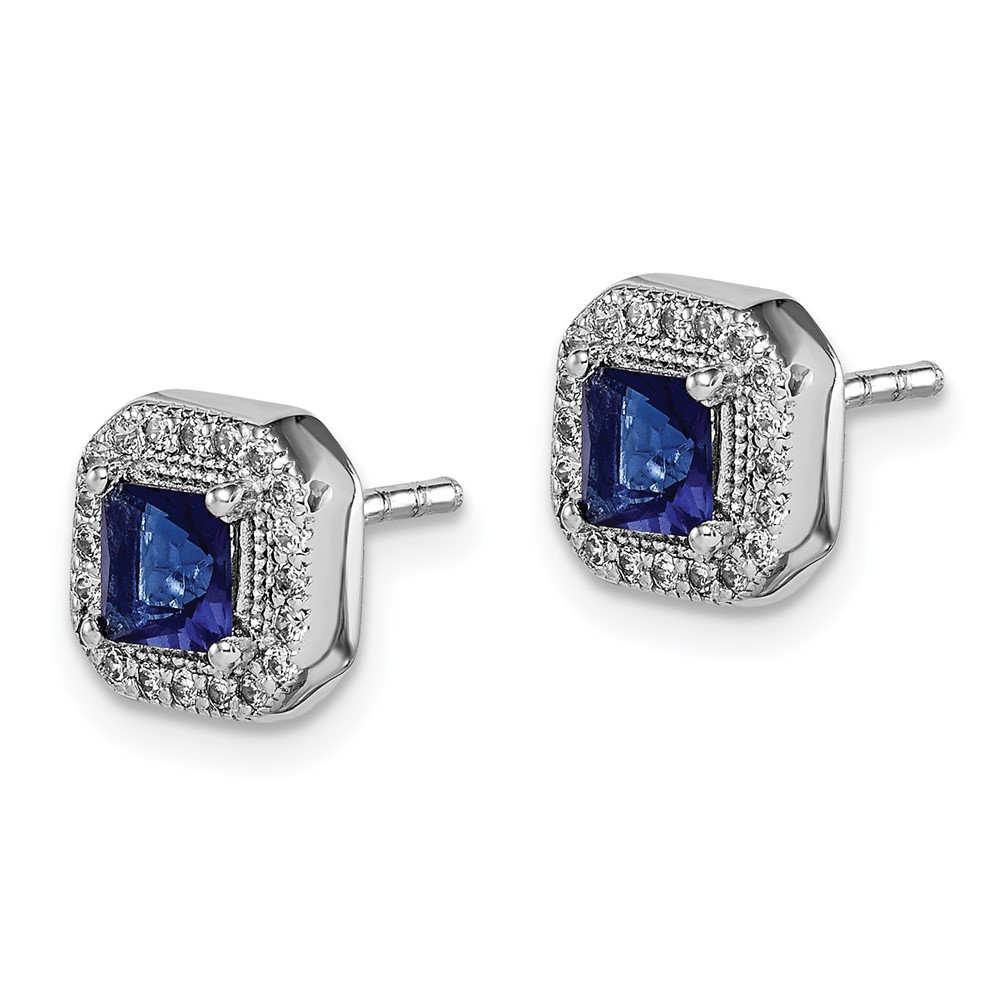 Sterling Silver Rhodium Plated Square Blue and Clear CZ Post Earrings (QE14470SEP)