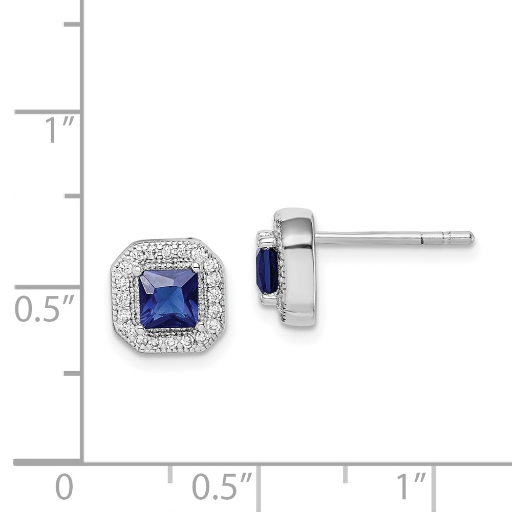 Sterling Silver Rhodium Plated Square Blue and Clear CZ Post Earrings (QE14470SEP)