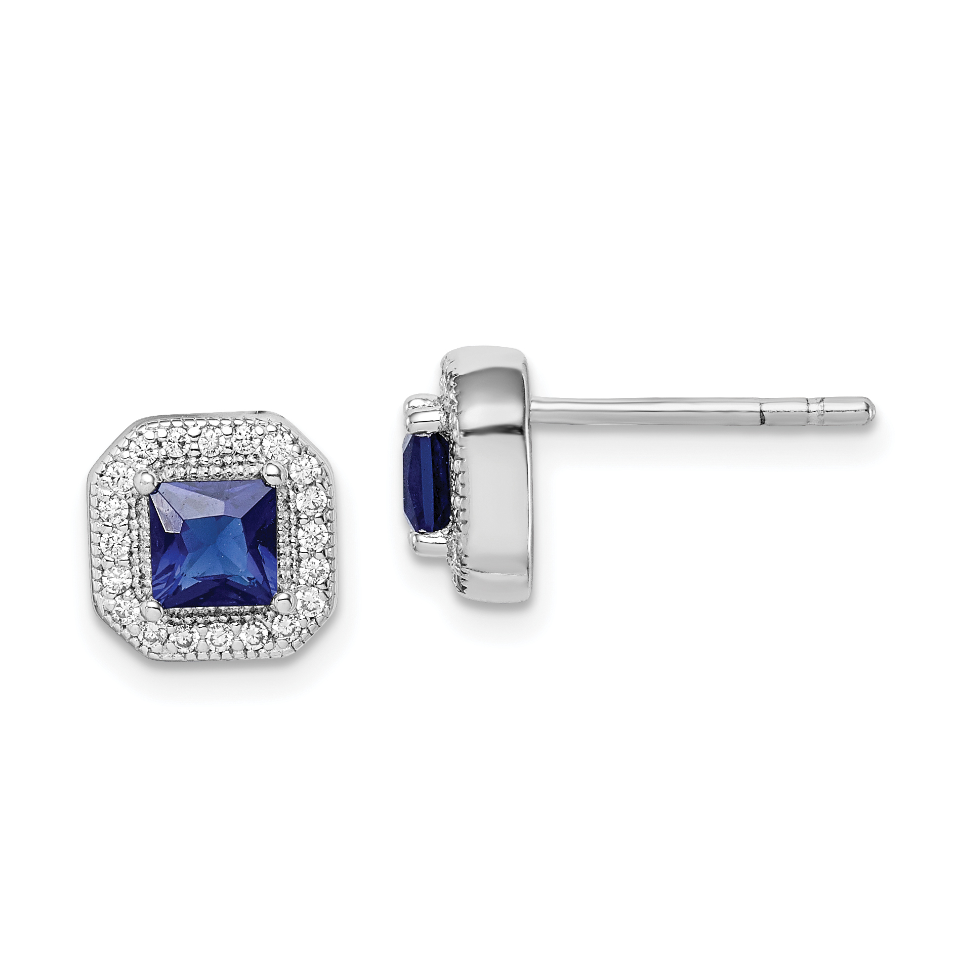 Sterling Silver Rhodium Plated Square Blue and Clear CZ Post Earrings (QE14470SEP)