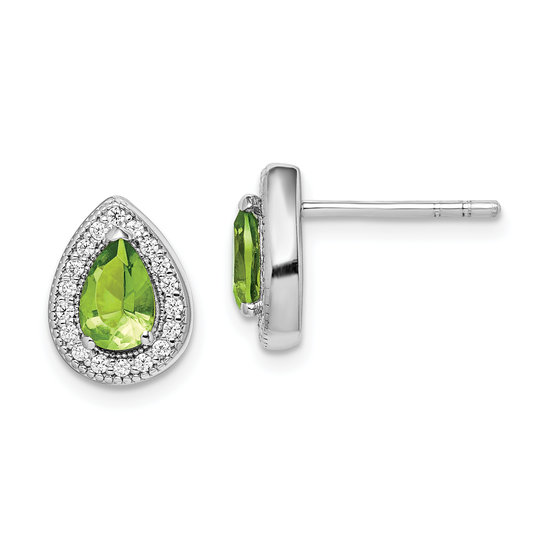 Sterling Silver Rhodium Plated Green and Clear CZ Post Earrings (QE14472AUG)