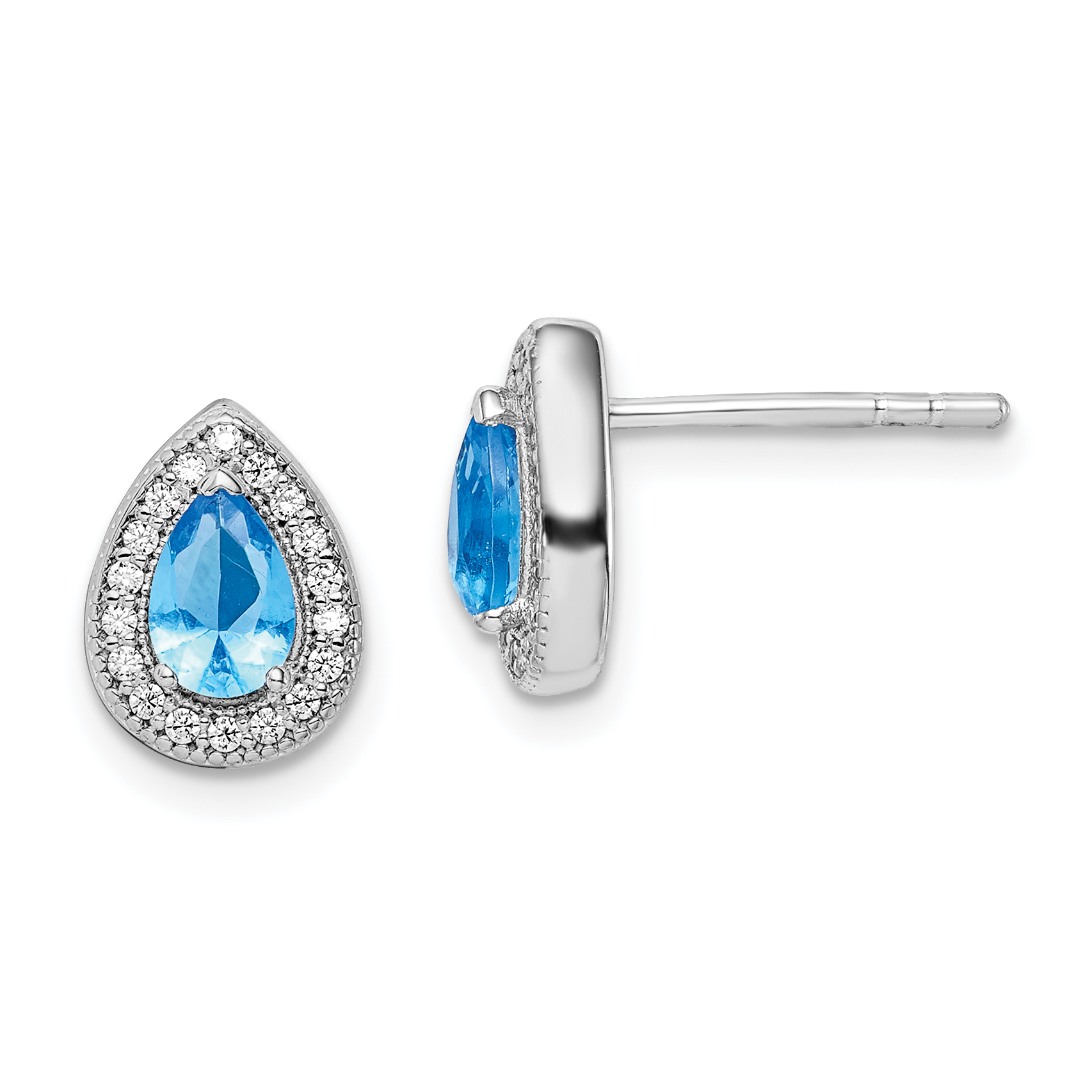 Sterling Silver Rhodium Plated Blue and Clear CZ Post Earrings (QE14472DEC)