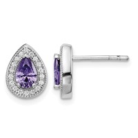 Sterling Silver Rhod Plated Purple and Clear CZ Earrings view 1