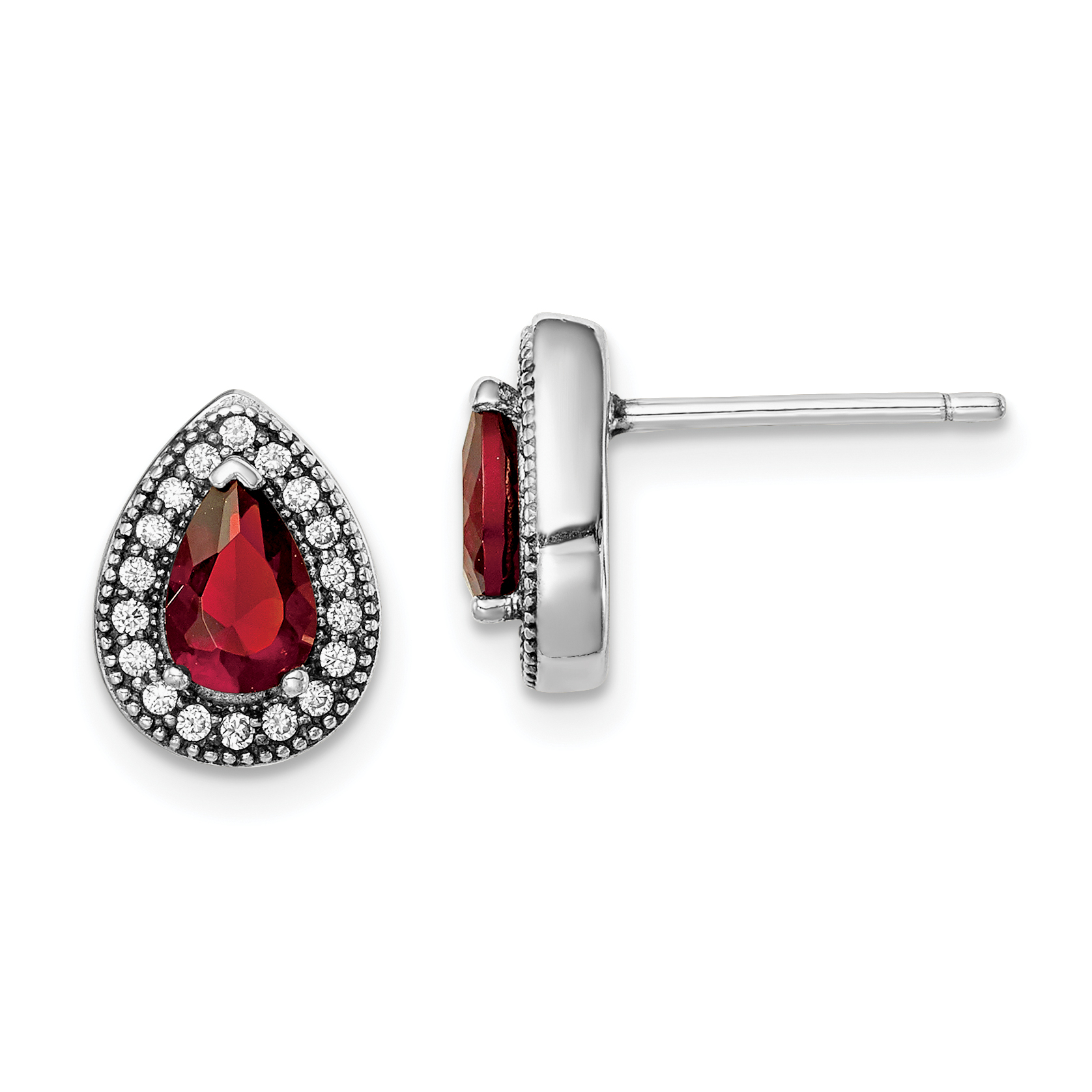 Sterling Silver Rhodium-Plated Red and Clear CZ Post Earrings (QE14472JUL)