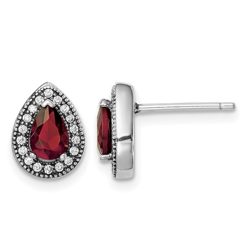 Sterling Silver Rhodium-Plated Red and Clear CZ Post Earrings