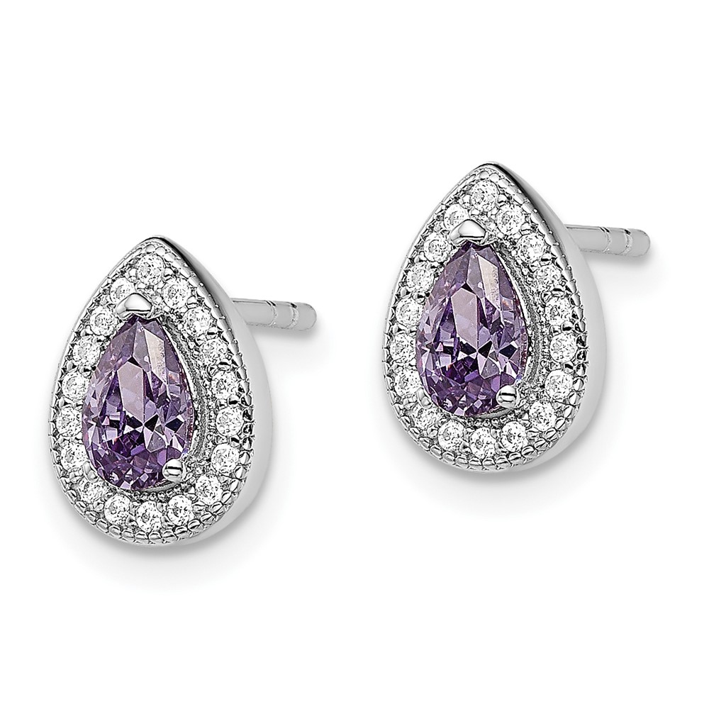 Sterling Silver Rhodium-Plated Purple and Clear CZ Post Earrings (QE14472JUN)