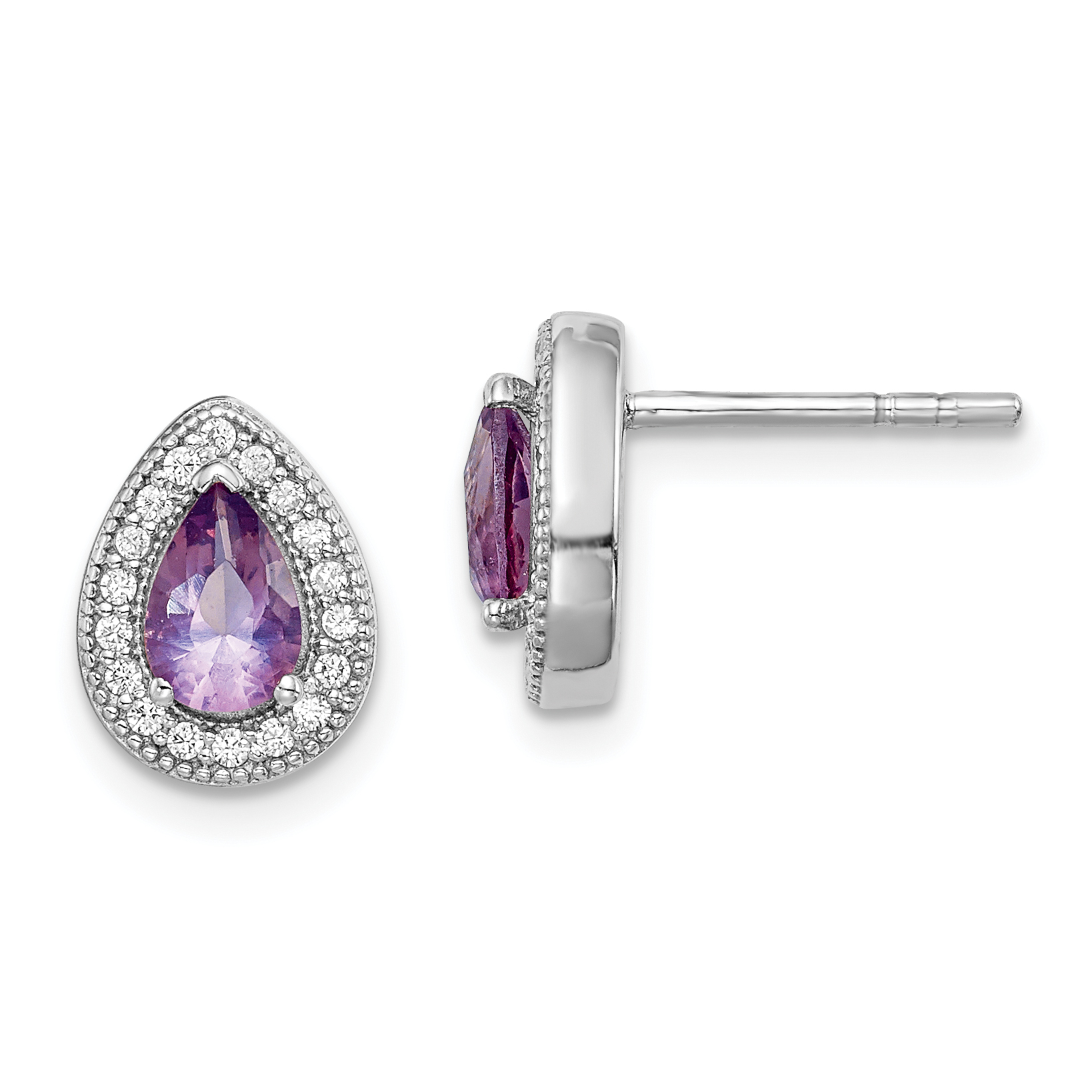 Sterling Silver Rhodium-Plated Purple and Clear CZ Post Earrings (QE14472JUN)