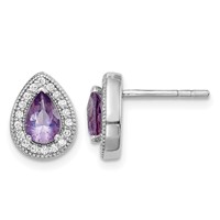 Sterling Silver Rhodium-Plated Purple and Clear CZ Post Earrings view 1