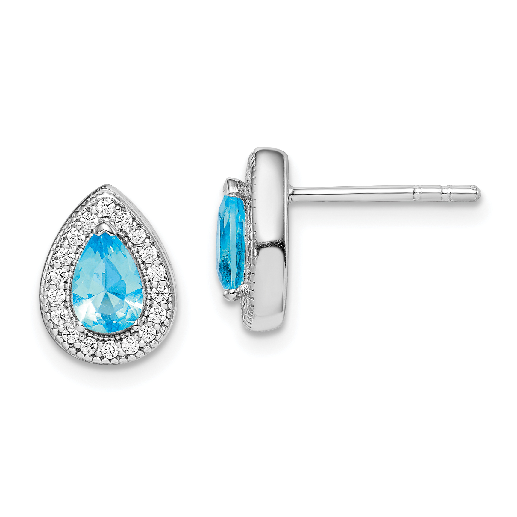 Sterling Silver Rhod Plated Blue and Clear CZ Post Earrings (QE14472MAR)