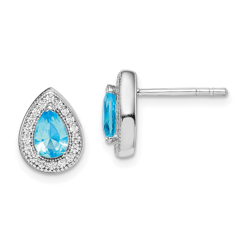Sterling Silver Rhod Plated Blue and Clear CZ Post Earrings (QE14472MAR)