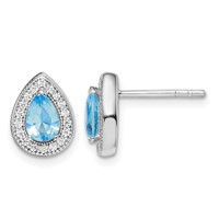 Sterling Silver Rhod Plated Blue and Clear CZ Post Earrings view 1