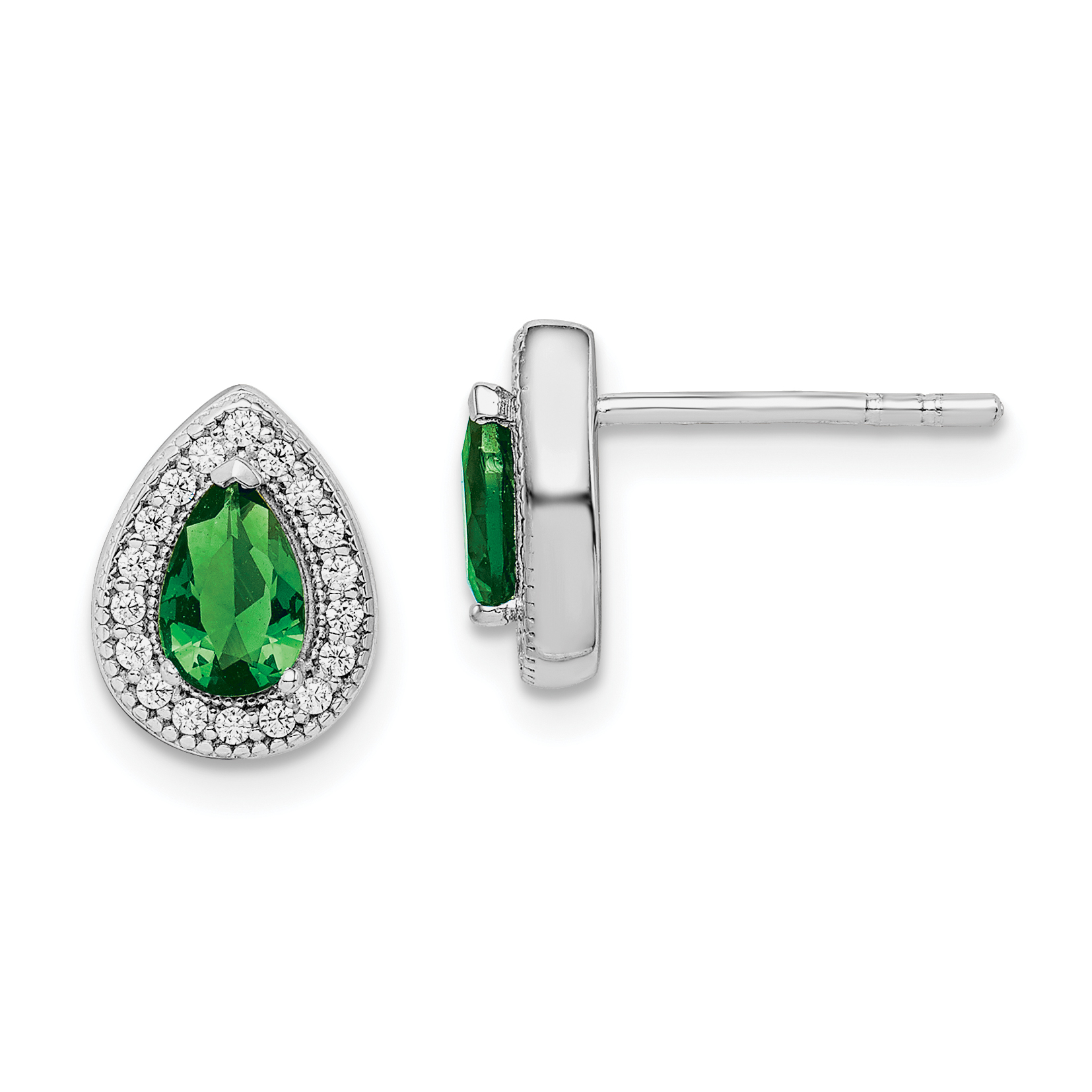 Sterling Silver Rhodium Plated Green and Clear CZ Post Earrings (QE14472MAY)