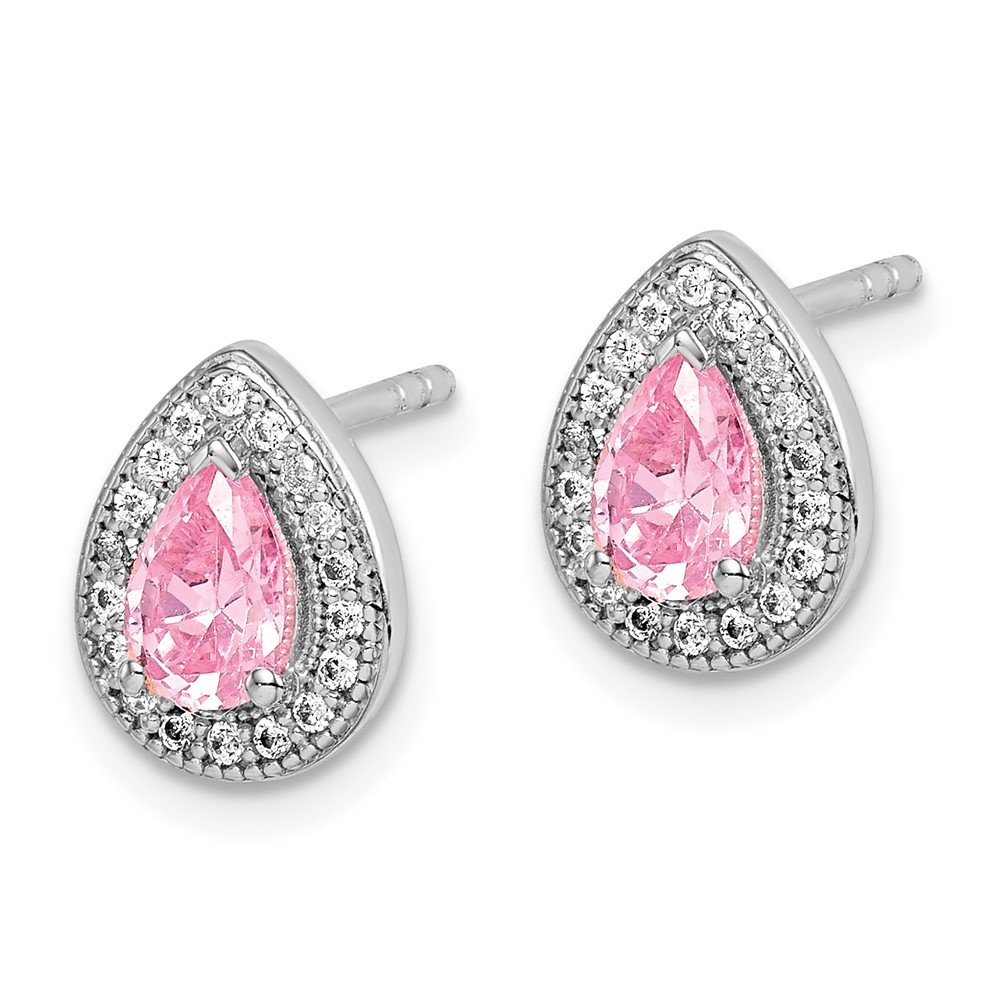 Sterling Silver Rhodium Plated Pink and Clear CZ Post Earrings (QE14472OCT)