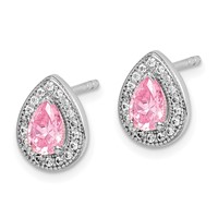 Sterling Silver Rhodium Plated Pink and Clear CZ Post Earrings view 2