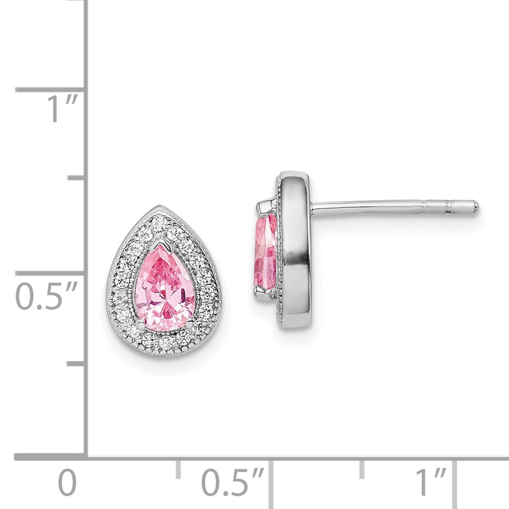 Sterling Silver Rhodium Plated Pink and Clear CZ Post Earrings (QE14472OCT)