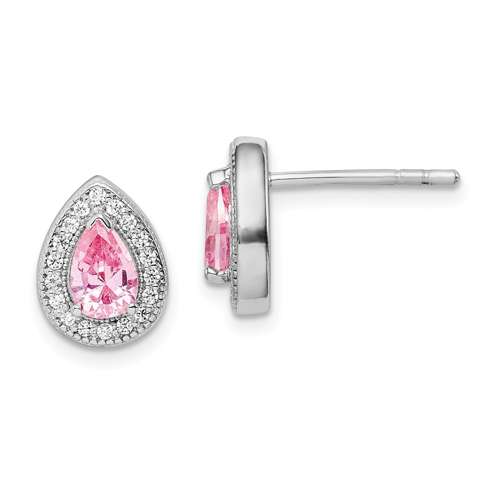Sterling Silver Rhodium Plated Pink and Clear CZ Post Earrings (QE14472OCT)
