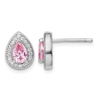 Sterling Silver Rhodium Plated Pink and Clear CZ Post Earrings view 1