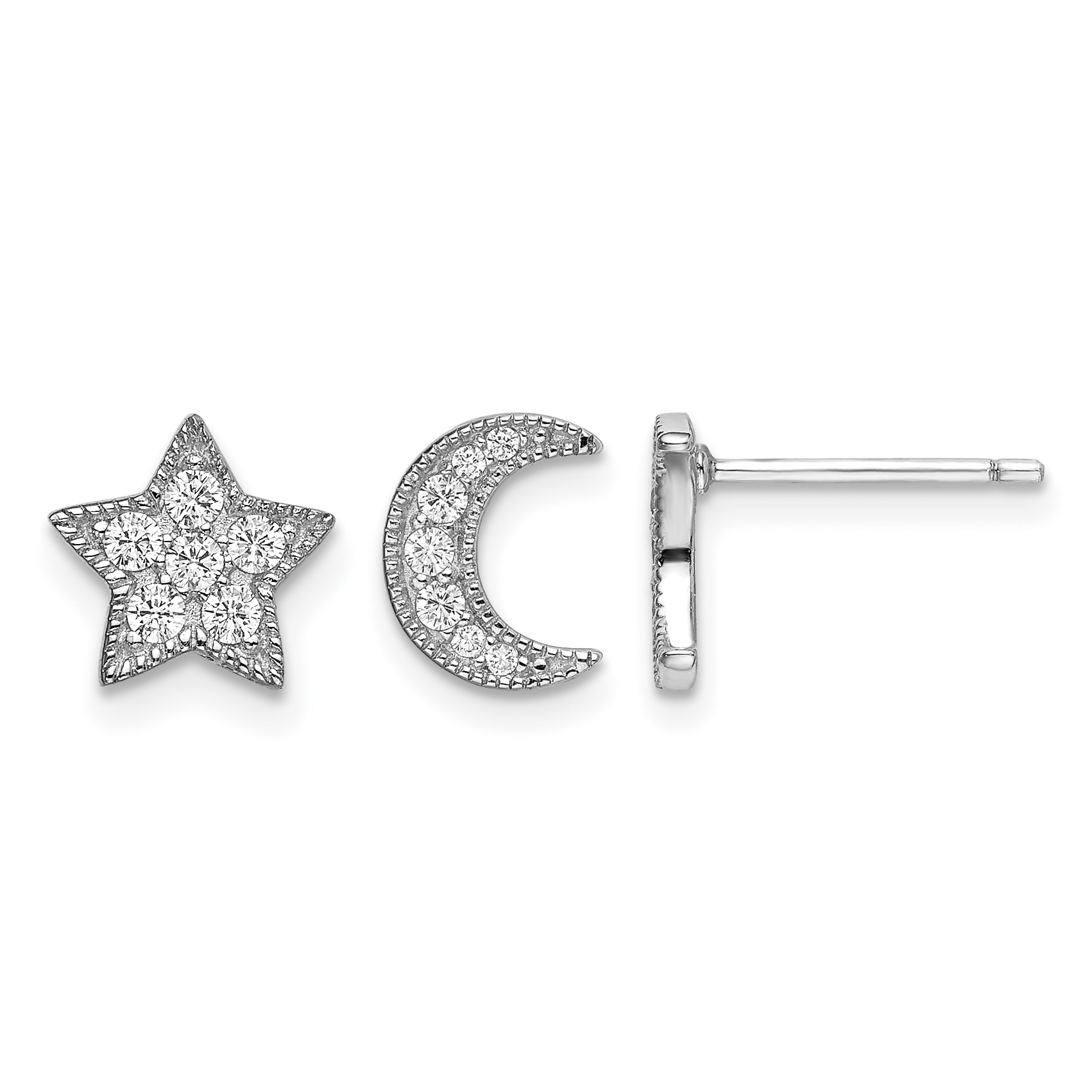 Sterling Silver Rhodium-Plated CZ Star and Moon Left/Right Earrings (QE14481)