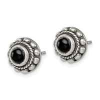 Sterling Silver Polished & Antiqued Textured Onyx Round Post Earrings view 2