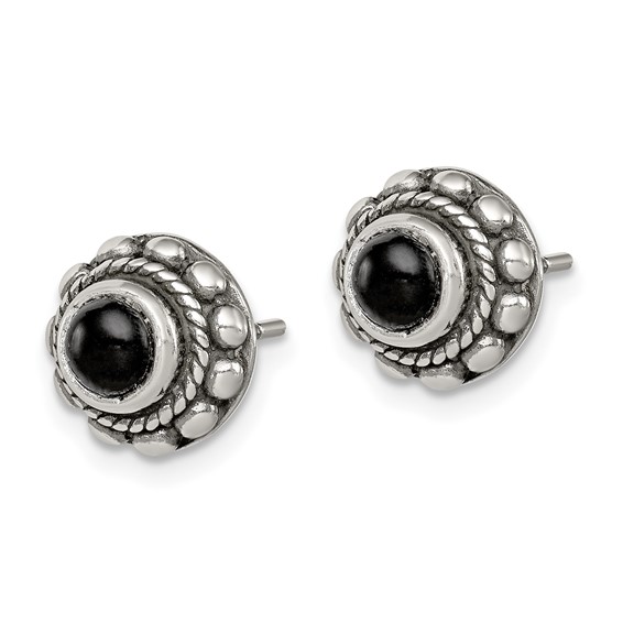 Sterling Silver Polished & Antiqued Textured Onyx Round Post Earrings