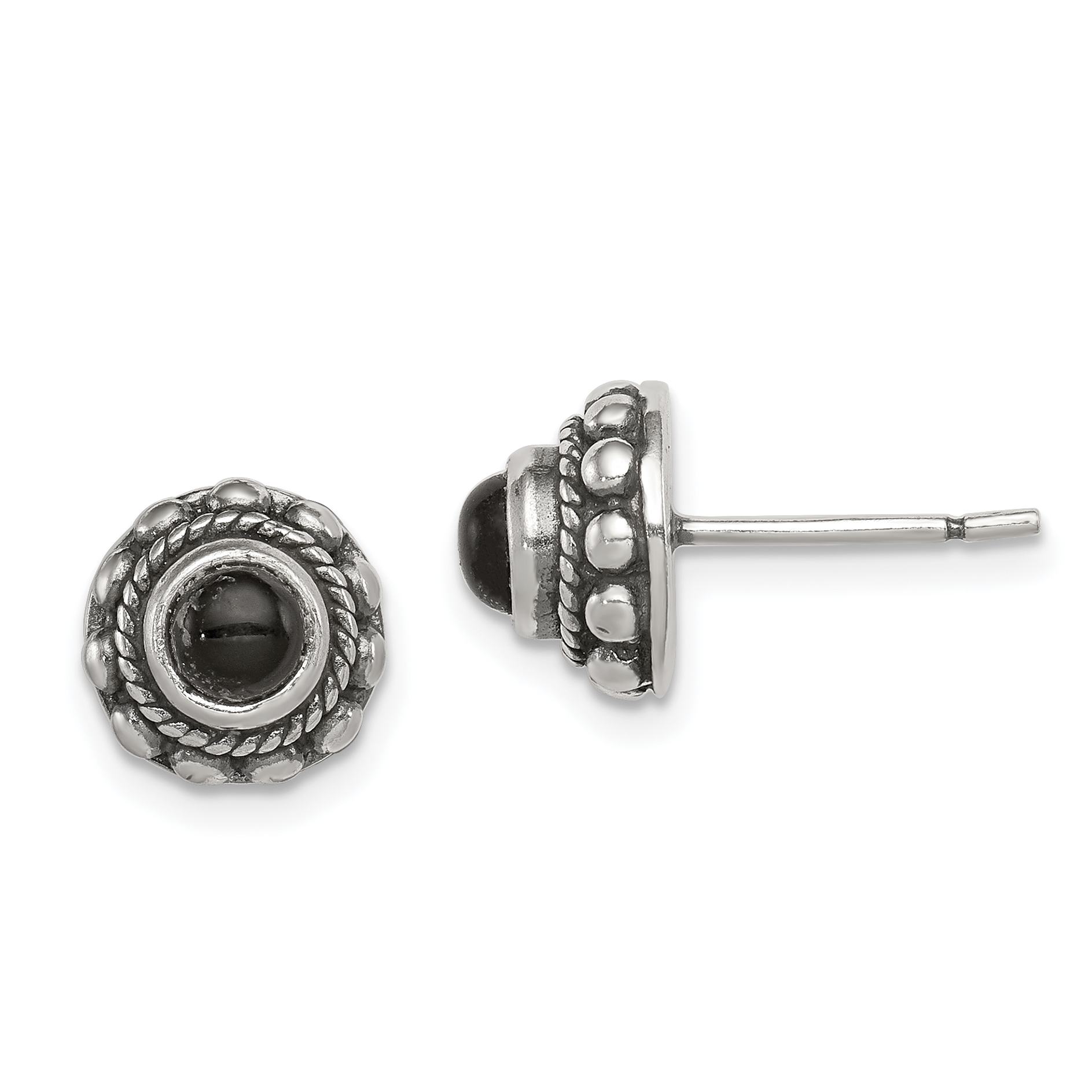 Sterling Silver Polished & Antiqued Textured Onyx Round Post Earrings (QE1449)