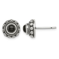 Sterling Silver Polished & Antiqued Textured Onyx Round Post Earrings view 1