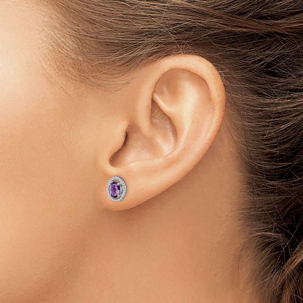Sterling Silver Rhod-plat Amethyst Oval Post Earrings (QE14494FEB)