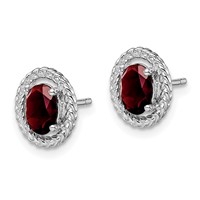 Sterling Silver Rhodium-plated Garnet Oval Post Earrings view 2