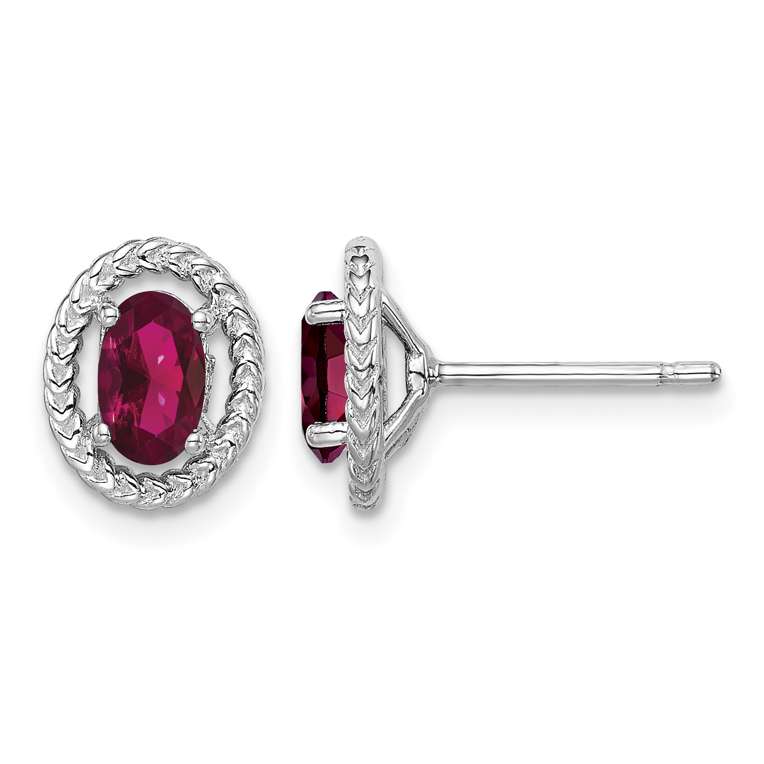 Sterling Silver Rhod-plat Created Ruby Oval Post Earrings (QE14494JUL)