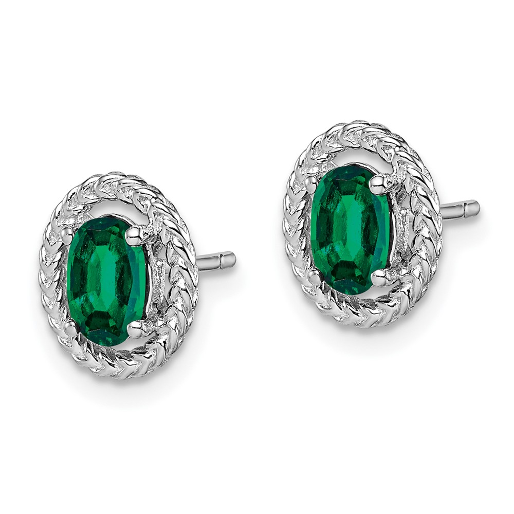 Sterling Silver Rhod-plat Created Emerald Oval Post Earrings (QE14494MAY)