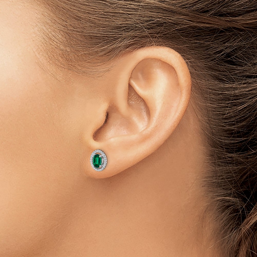 Sterling Silver Rhod-plat Created Emerald Oval Post Earrings (QE14494MAY)